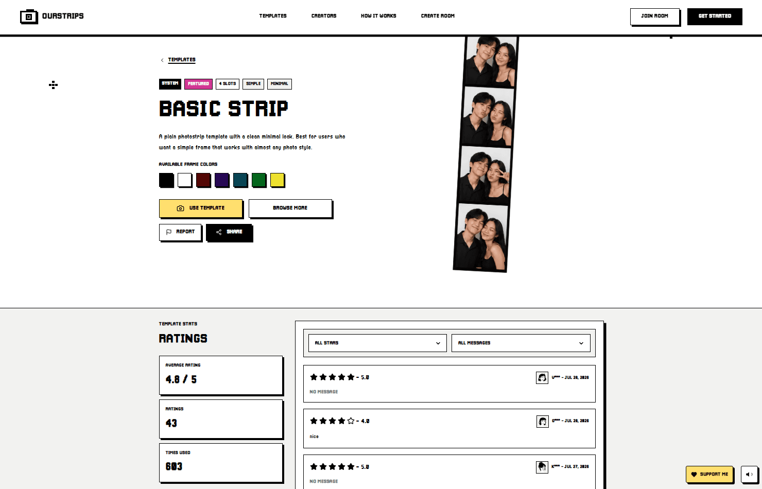 OurStrips template details, color options, usage statistics, and ratings