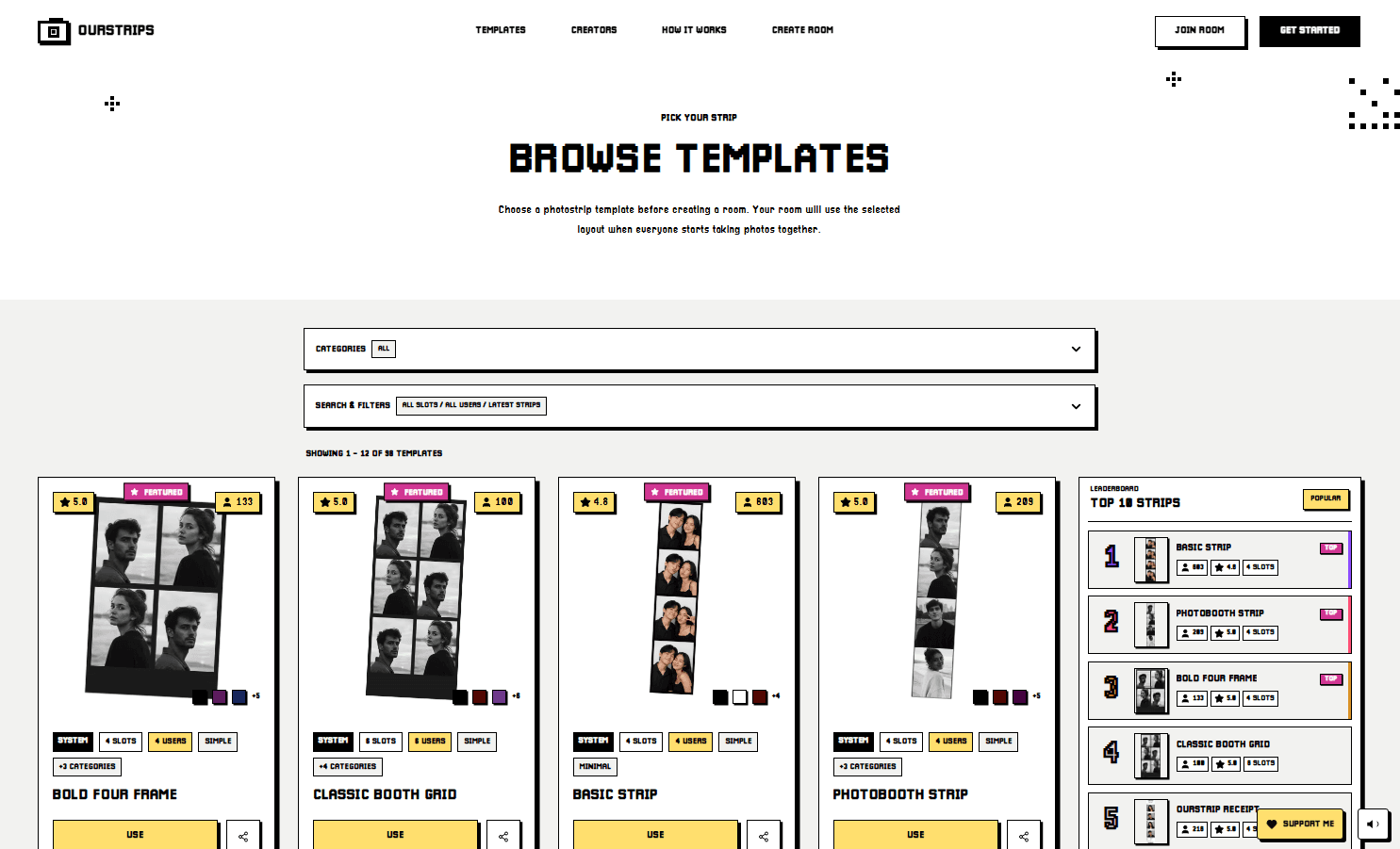 OurStrips template browser and featured photostrip collection